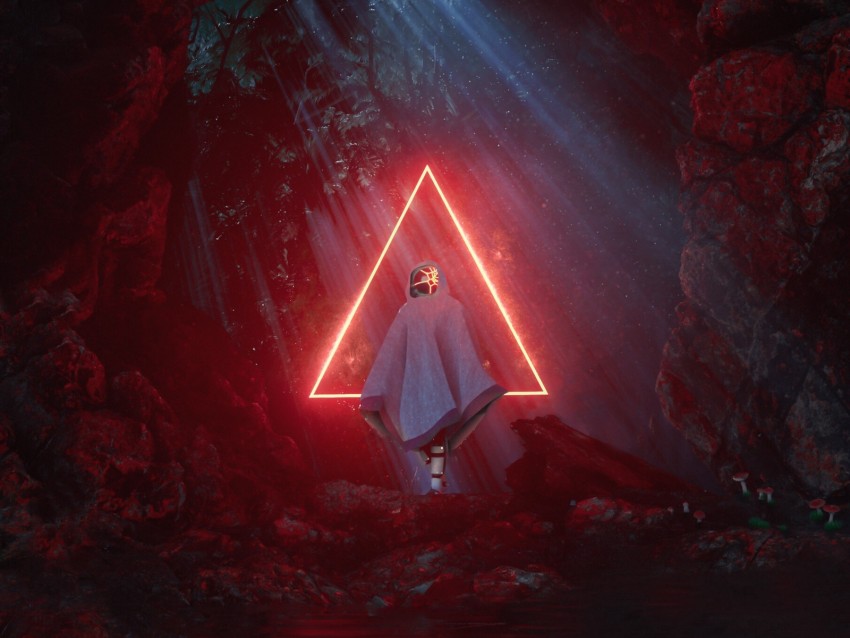 ghost, triangle, glow, red, cave, light