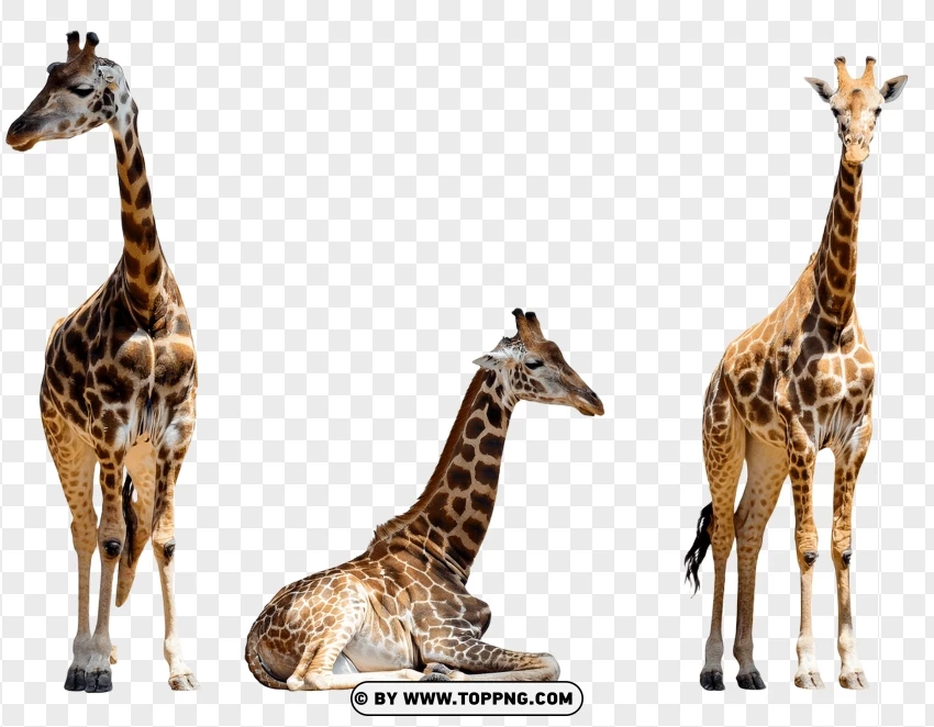 Group Of Giraffes With Calf In Natural Wildlife Poses PNG Transparent Background