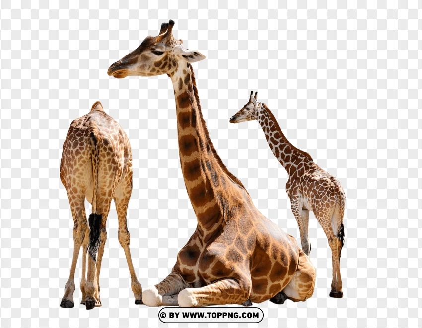 Group Of Giraffes With Young Calf In Wildlife Poses PNG Transparent Background