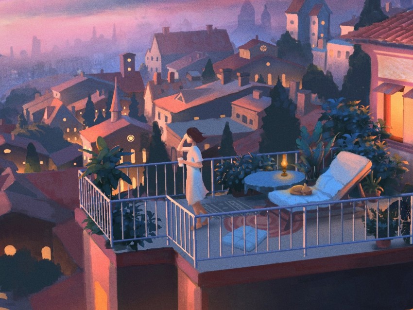 girl, balcony, art, solitude, city, evening