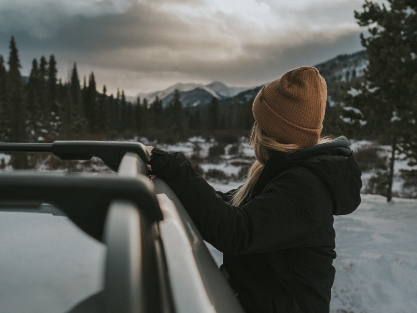 girl, car, view, mountains, landscape