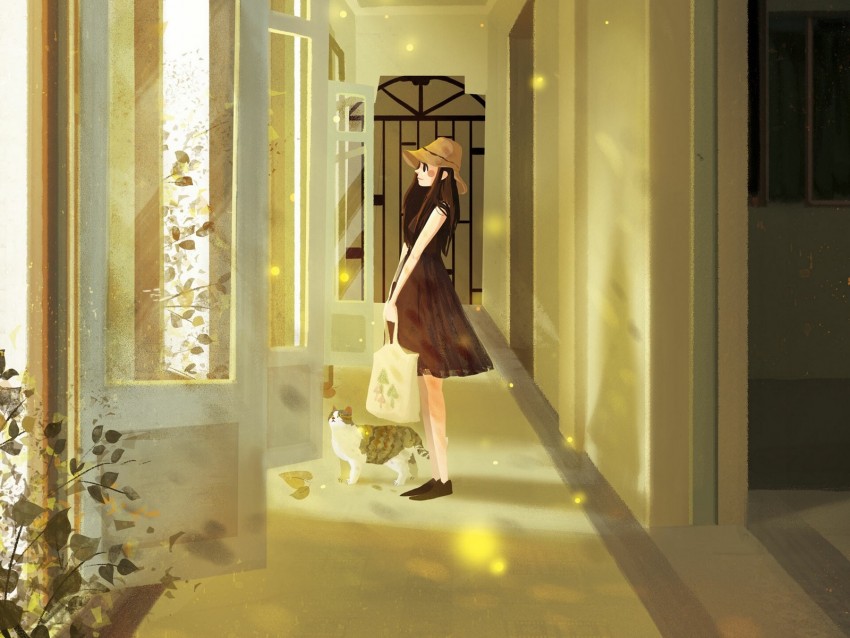 girl, cat, art, corridor, door