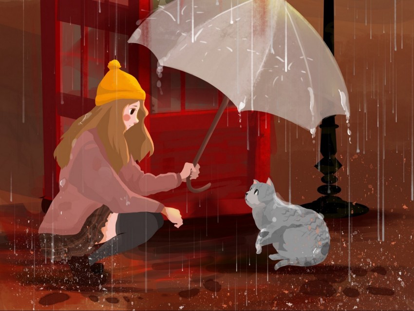 girl, cat, umbrella, rain, art