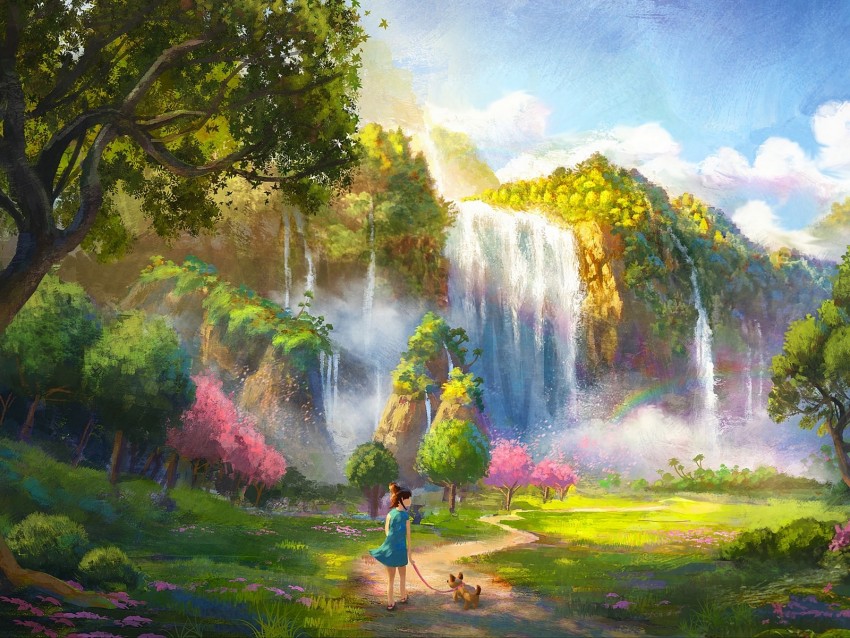 girl, dog, waterfall, landscape, art