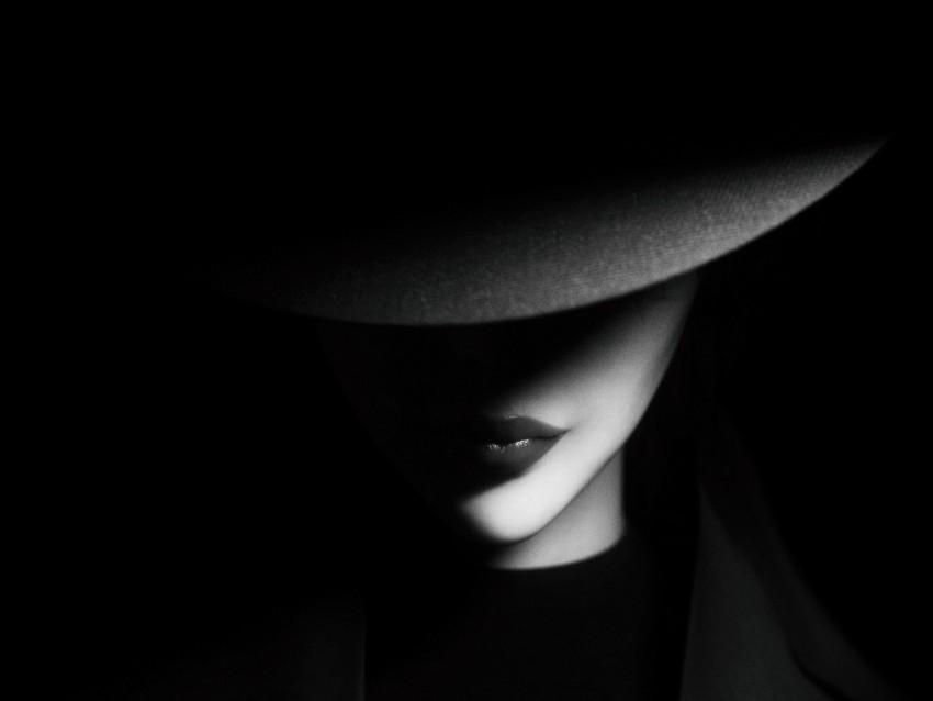 girl, hat, bw, dark, shadows