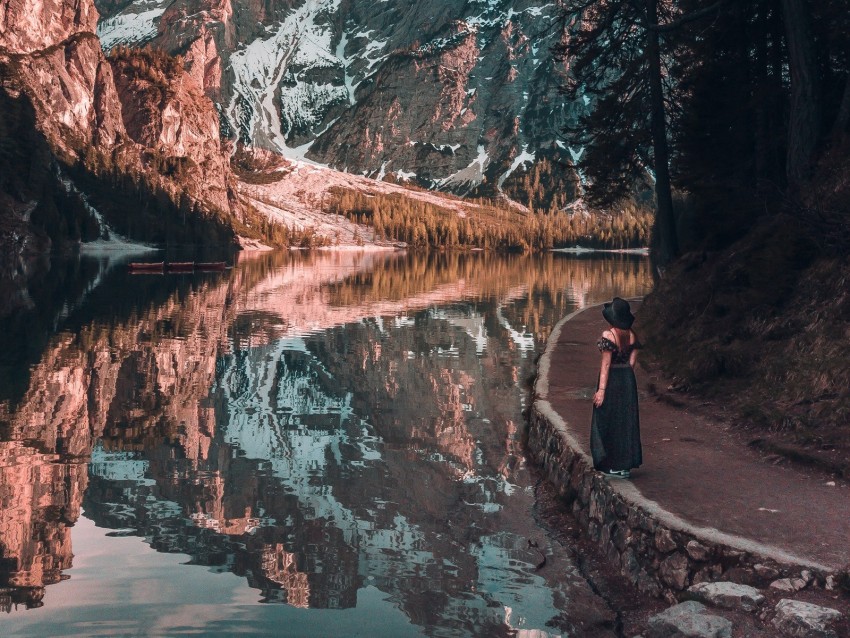 girl, mountains, lake, trees, reflection, landscape