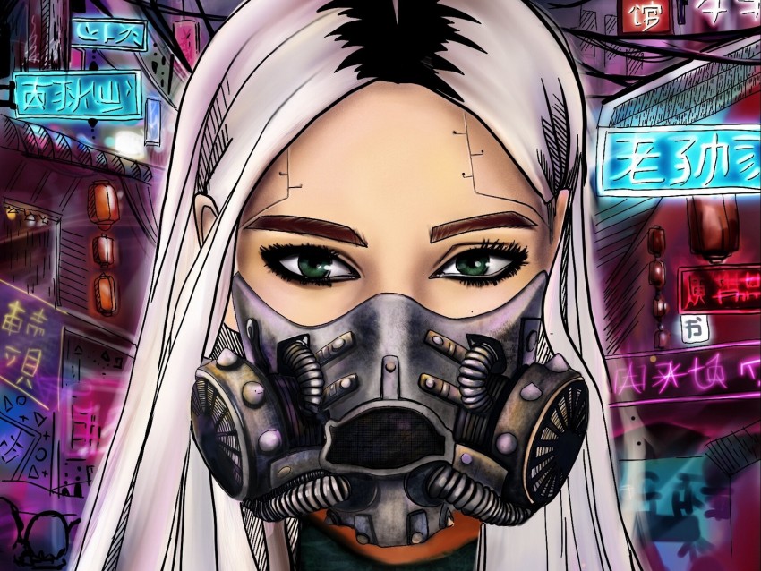 girl, respirator, cyberpunk, mask, art