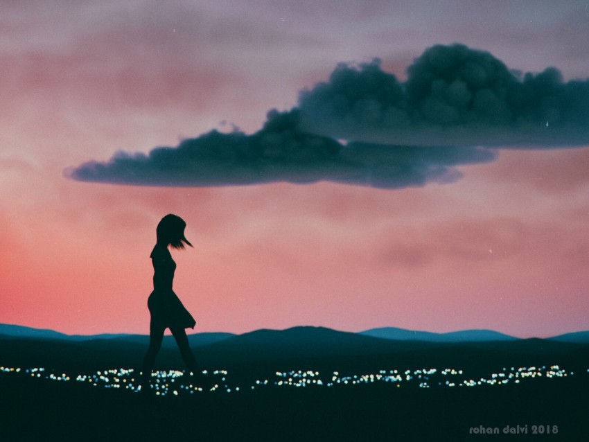 girl, silhouette, art, night, clouds, horizon