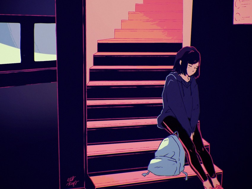 girl, stairs, loneliness, art, sadness