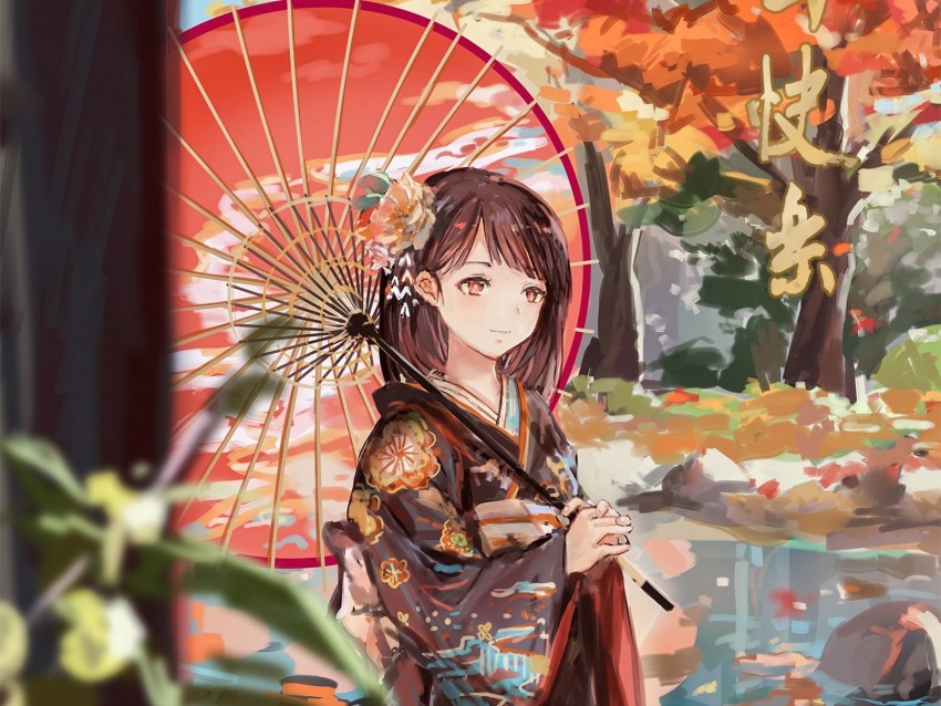 girl, umbrella, anime, kimono, garden, autumn