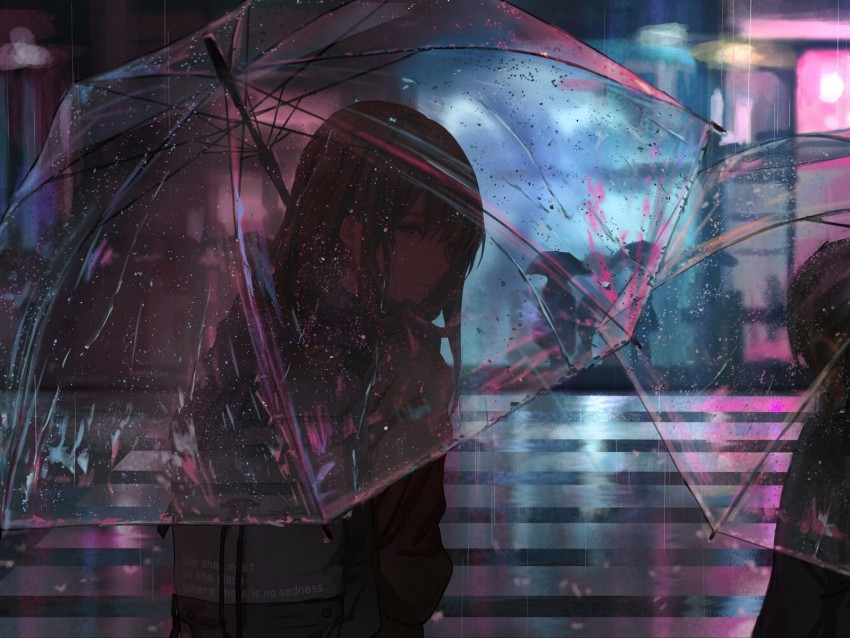 girl, umbrella, anime, rain, street, night