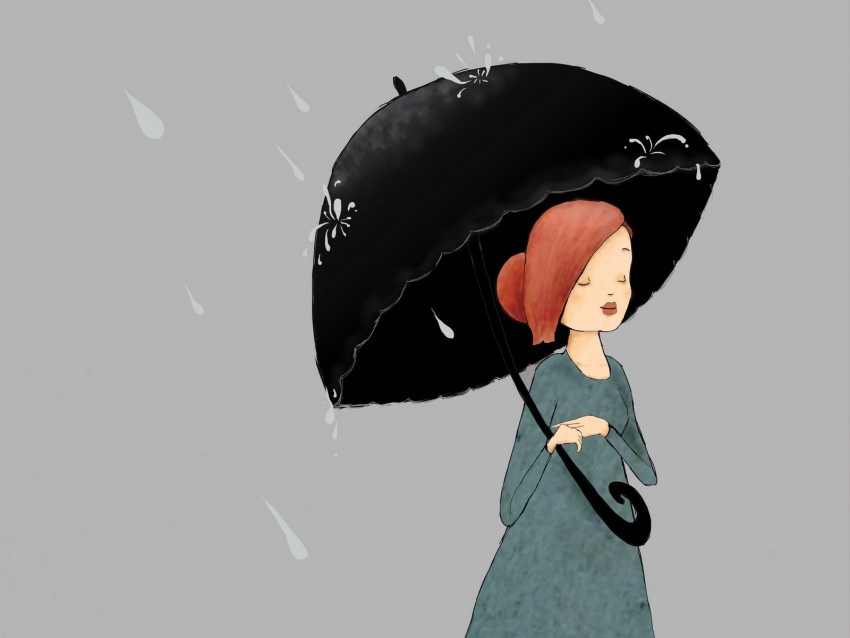 girl, umbrella, rain, art