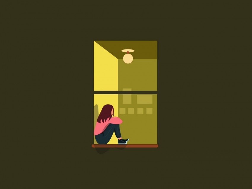 girl, window, loneliness, vector
