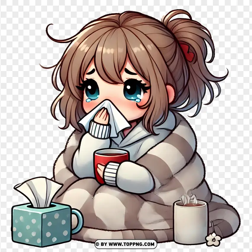 Cartoon Girl Wrapped In Blanket With A Cold PNG Transparent Background