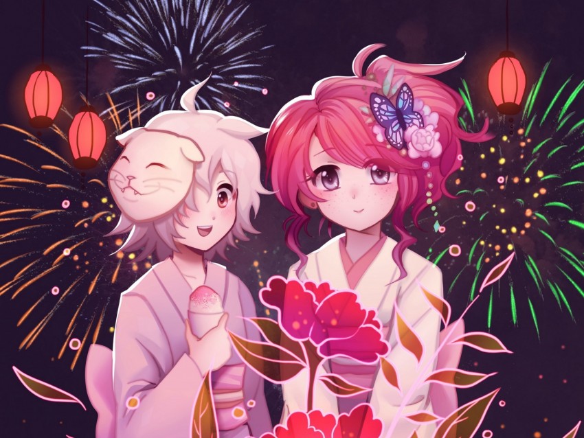 girls, flowers, fireworks, anime, art png - Free PNG Images | TOPpng