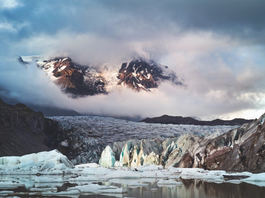 glacier, mountains, clouds, ice, landscape, iceland