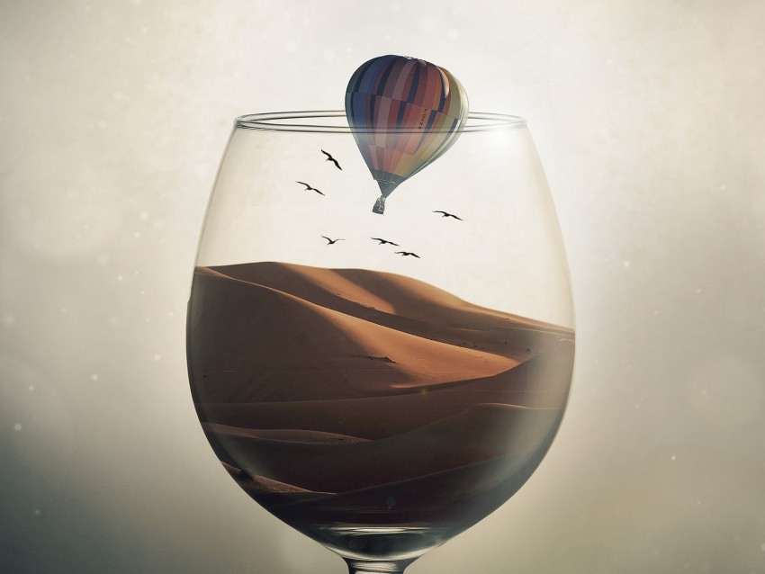 glass, desert, air balloon, illusion, sand, birds