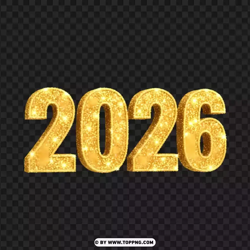 Glitter Spark Gold 2026 Number Typography PNG Transparent Background