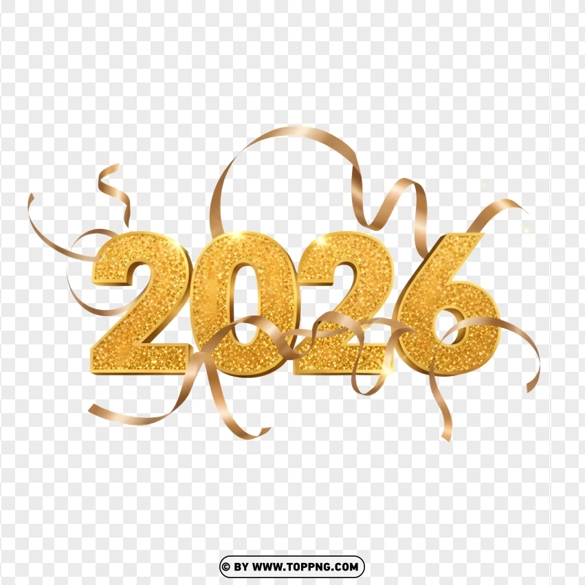 Glittering Gold 2026 Typography With Flowing Ribbon PNG Transparent Background