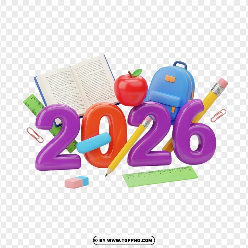 Glossy 3d Numbers 2026 With School Supplies Illustration PNG Transparent Background