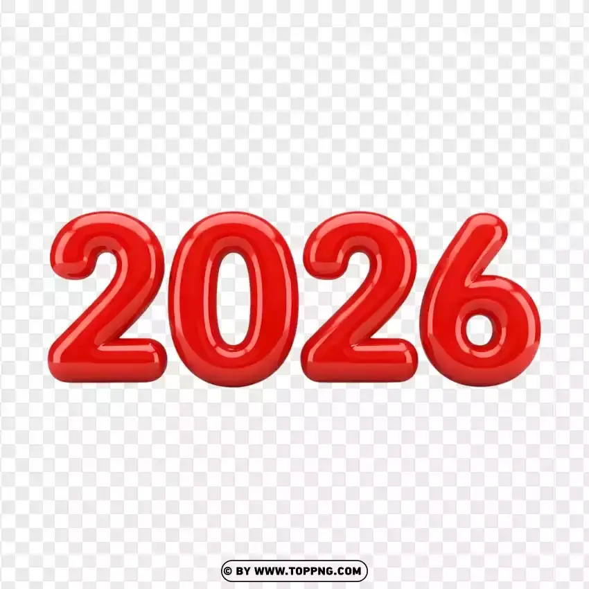 Glossy Red 2026 Playful Number Typography PNG Transparent Background