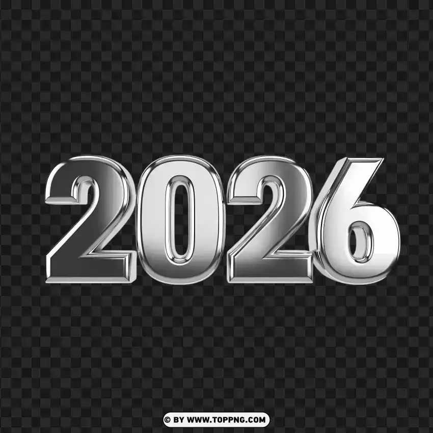 Glossy Silver 2026 Number Typography Design PNG Transparent Background