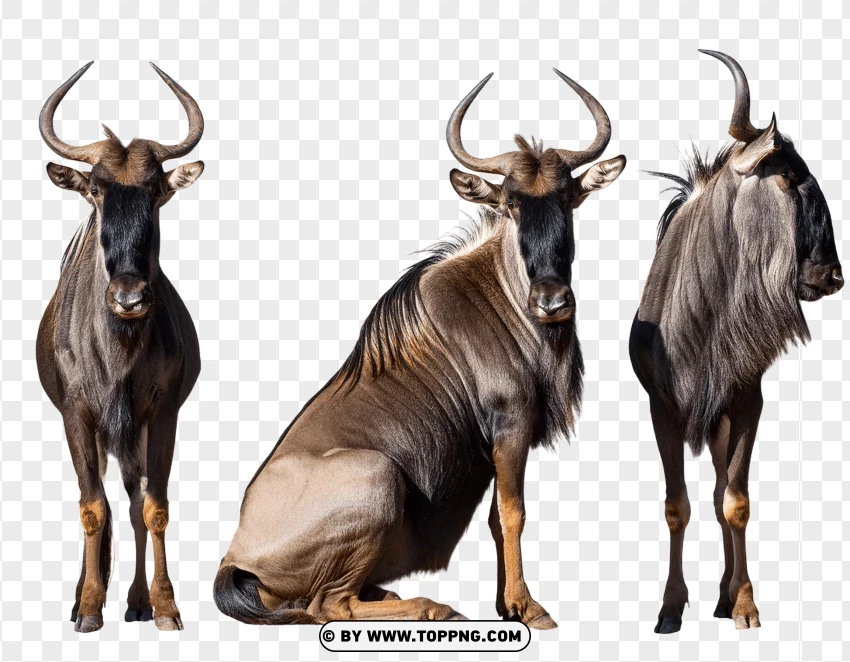 Group Of Gnus In Natural Wildlife Poses PNG Transparent Background