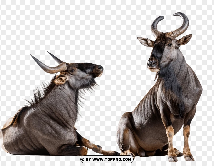 Set Of Two Gnus Resting And Standing In Wildlife PNG Transparent Background