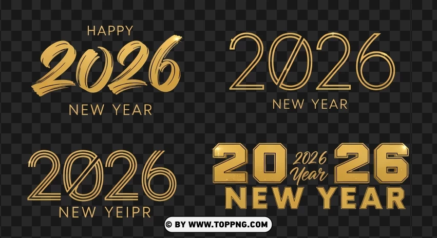 Gold 2026 Typography Collection PNG Transparent Background