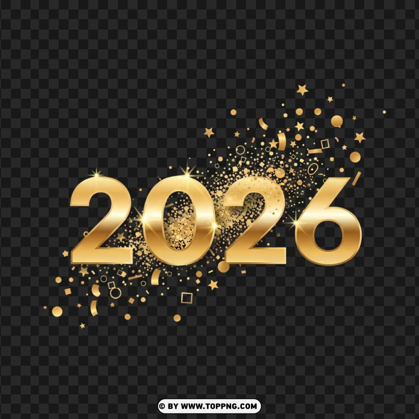 Gold Confetti And Stylish 2026 Typography PNG Transparent Background
