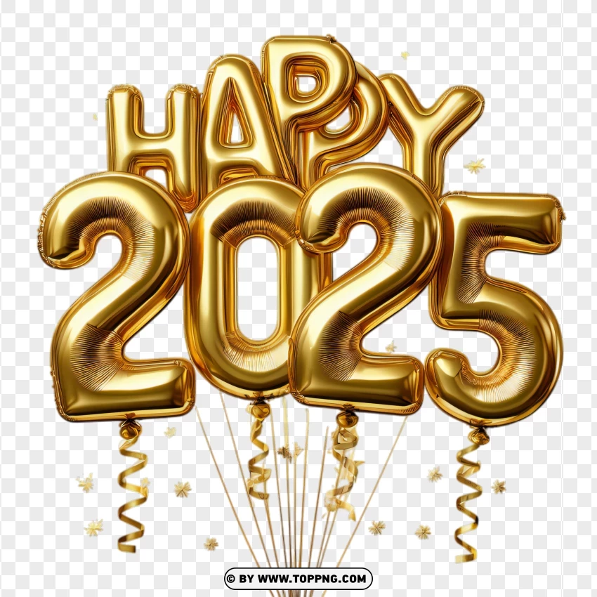 Gold Elegant Balloon 2025 Happy New Year Design PNG Transparent Background