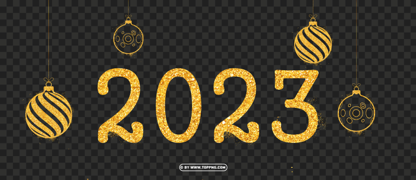 gold glitter 2023 with hanging christmas balls design png,New year 2023 png,Happy new year 2023 png free download,2023 png,Happy 2023,New Year 2023,2023 png image