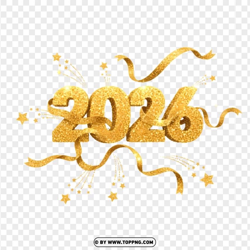 Gold Glitter 2026 New Year Text With Flowing Ribbon Effects PNG Transparent Background