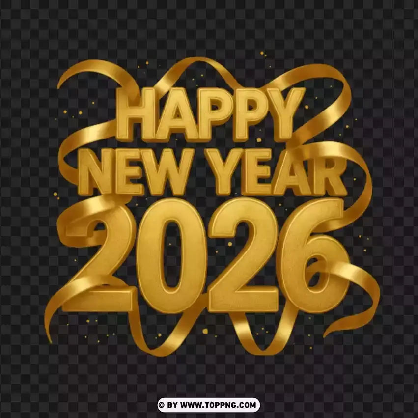 Gold Glitter 2026 New Year Typography With Flowing Ribbon Effects PNG Transparent Background