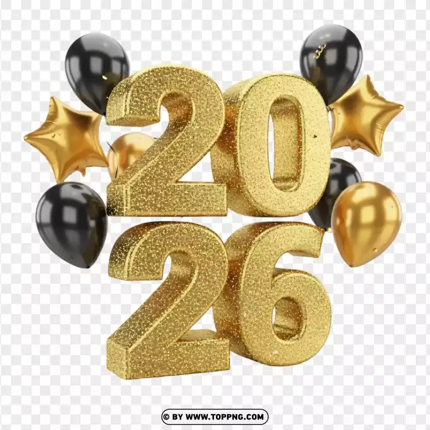 Gold Glitter 2026 With Black And Gold Balloons PNG Transparent Background