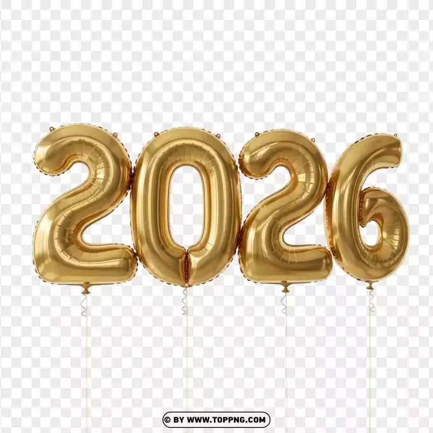 Gold Helium Balloon 2026 Numbers PNG Transparent Background