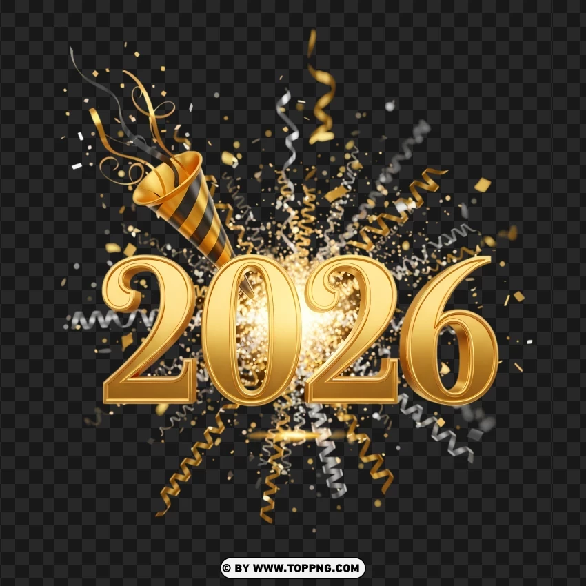 Golden 2026 Celebration Design With Confetti And Festive Elements PNG Transparent Background