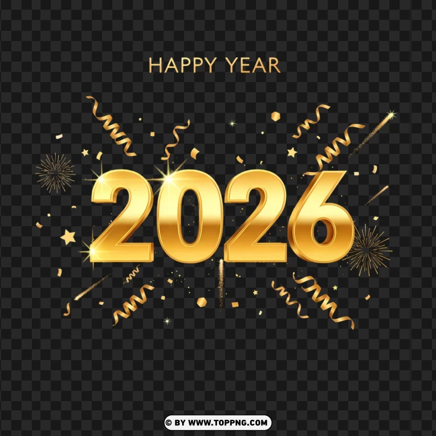 Golden 2026 New Year Poster With Shiny Numbers And Party Elements PNG Transparent Background