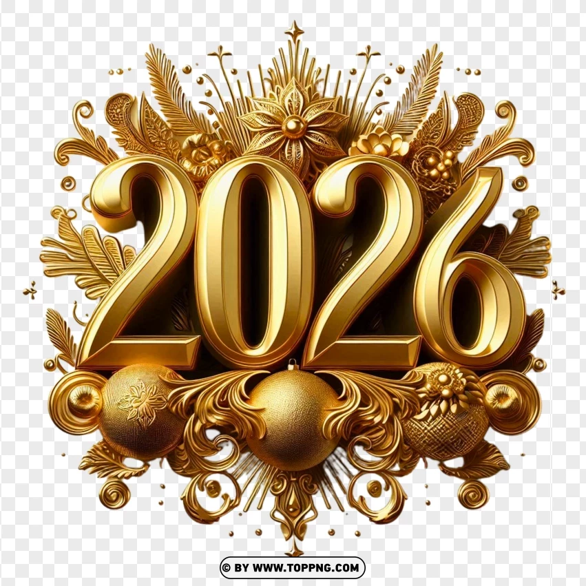 Golden 2026 Text With Ornaments Decoration | TOPpng