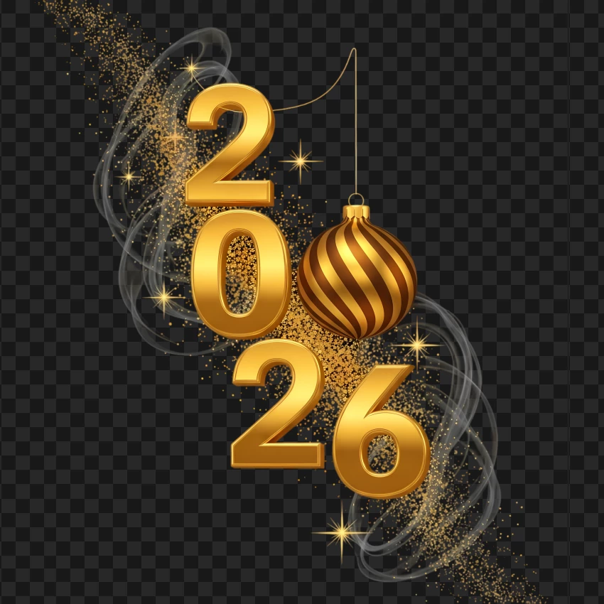 Golden 2026 typography with hanging ornament for holiday celebration