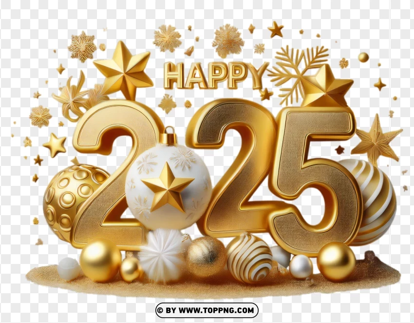 Golden 3d Happy 2025 New Year Text Decorated With Stars And Ornaments PNG Transparent Background