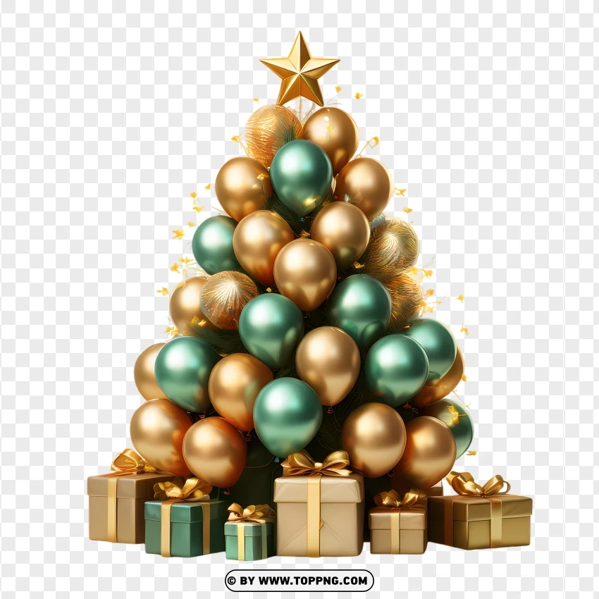 Golden And Green Christmas Tree With Stylish Ornaments PNG Transparent Background