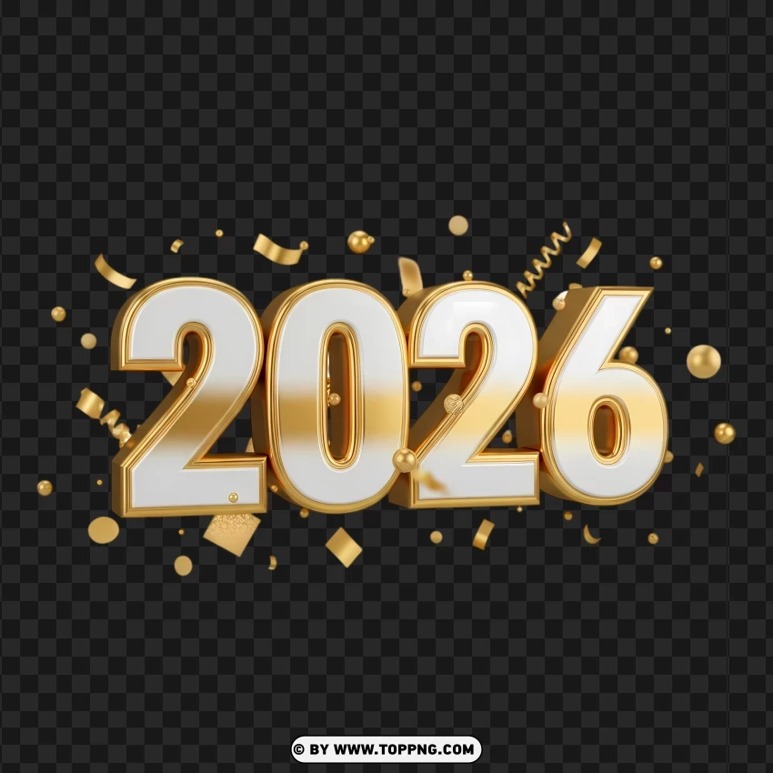 New Year 2026 Gold Typography With Ribbon Details PNG Transparent Background