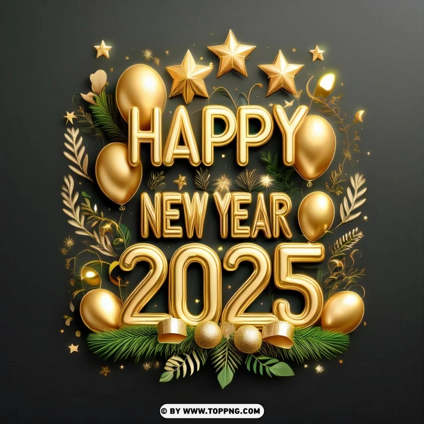 Golden Balloons And Metallic Numbers For Festive New Year 2025 Design Card PNG Transparent Background