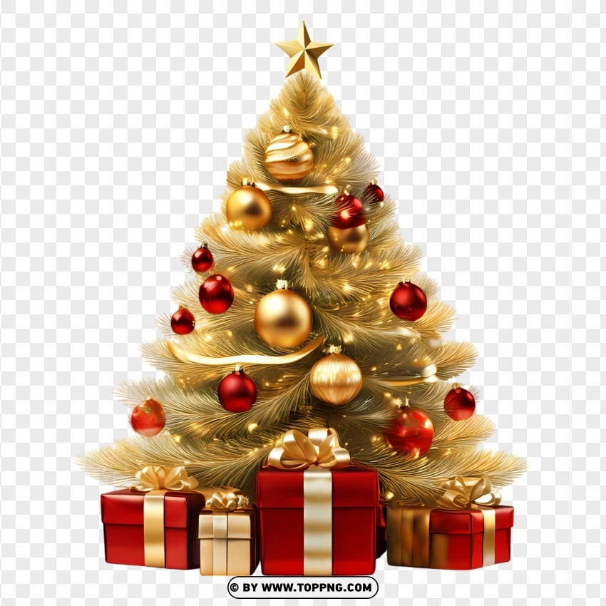 Golden Christmas Tree With Red Ornaments And Gift Boxes PNG Transparent Background