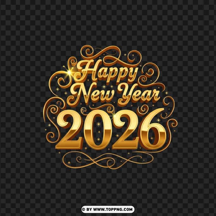 Golden Happy New Year 2026 Decorative Font PNG Transparent Background