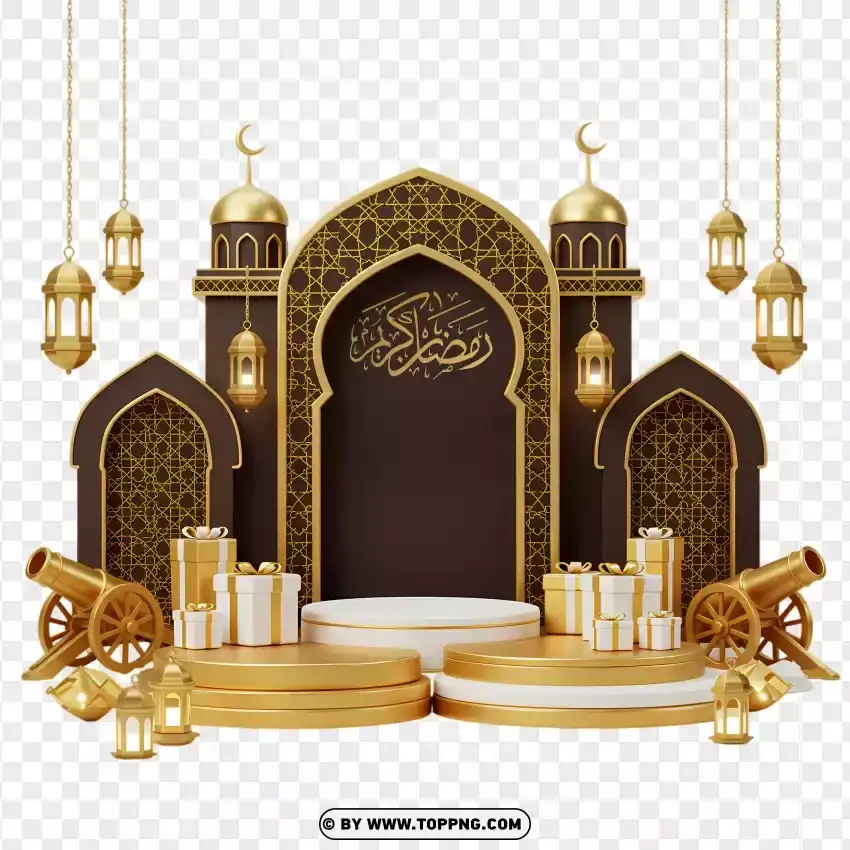 Golden Ramadan With Mosque And Candles PNG Transparent Background