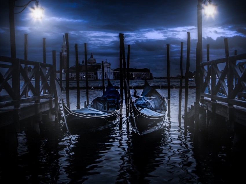 gondola, boats, night, pier