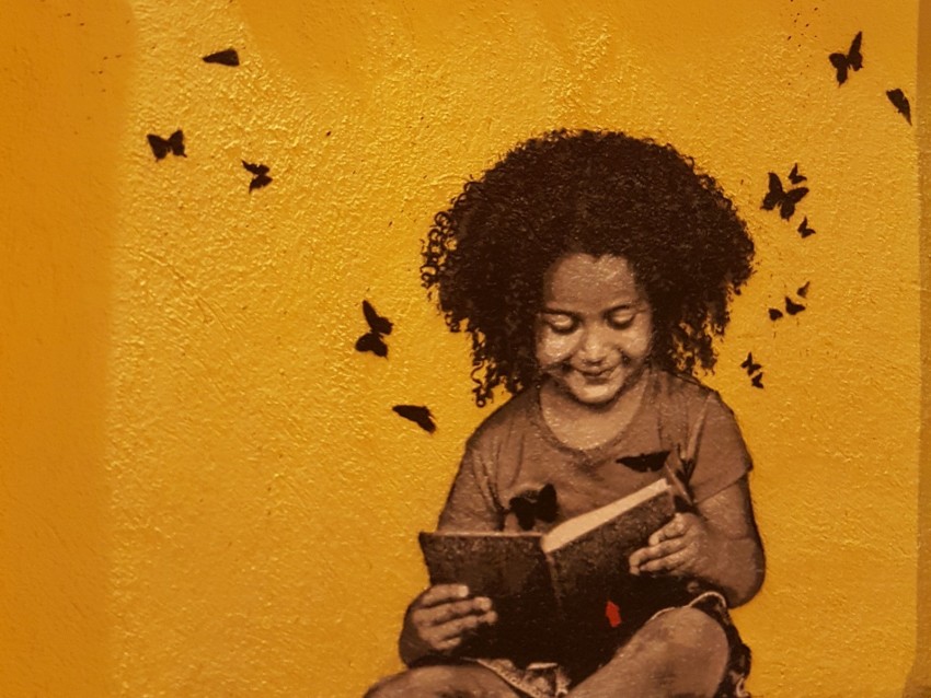 graffiti, child, reading, book, street art