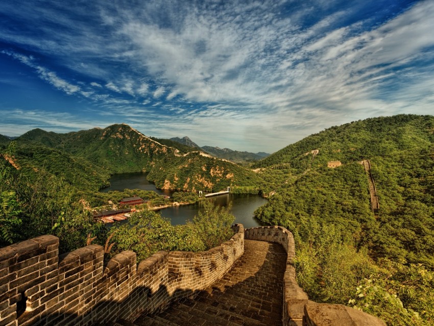 great wall of china, lake, mountains, landscape, china